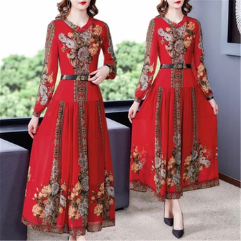 2022 Novo Pomlad Jesen Ženska Obleke Cheongsam Ženske Qipao Pasu Plus Velikost Ženske Obleka Za Tiskanje Rdeča Proti-Vrat Kitajska Rdeče Obleke Lady