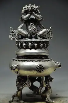 8.31 palčni/Kitajski stari Tibet srebro carving poplave fiend.Zver censer