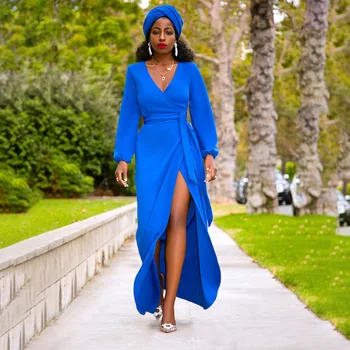 Afriške Modre Obleke Za Ženske Dolge Rokave 2022 Pomlad Seksi Globoko V-Neck Split Čipke-Up Modni Elegantno Sladko Žensko Obleko Maxi