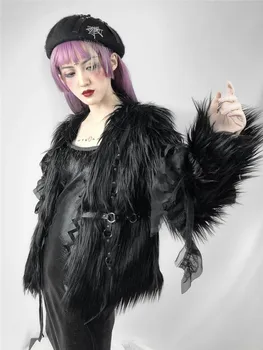 Gothic Umetno Dolgo Krzna, Umetno Krzno Plašč Punk Loli Girls Moda Ulica Zimski Črni Pas Ženske Rock Rapper Anime Lolita Coats