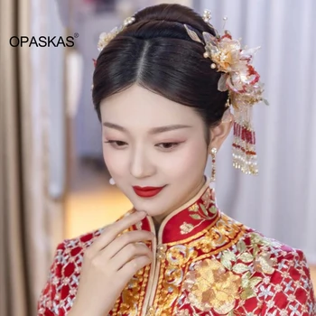 Headdress Nevesta Starodavni Kitajski Kostum Pribor za Lase Rdeče Pravljice Zmaji in Phoenix Obleke Pribor Ženski PT