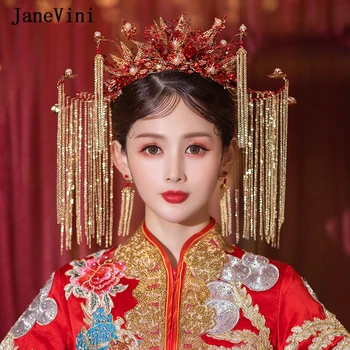 JaneVini Luksuzni Kitajski Lasnice Rdeče Lase, Glavniki Poročne Headdress z Uhani Beaded Rese Poročni Nakit, Pribor za Lase
