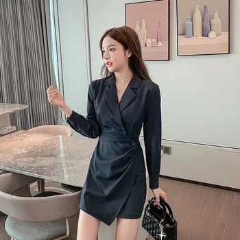 Jopič Obleka Ženske Dolg Rokav Mini Obleka Visoko Pasu Moda Korejski Elegantna Oblačila Iz Enega Kosa Pade Nov Ženski Urad Obleko