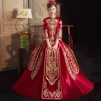 Lepe Vezenine Nevesta Poročni Obleki Letnik Cheongsam Kitajski Stil Poroke Obleko Elegantno Nevesta Kostum Toast Oblačila
