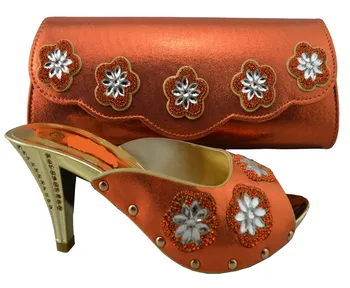 Moda oranžna Afriške čevlji ujemajo torbici set z nosorogovo cvetlični okraski za obleko 1308-L36, visoke pete 8 cm