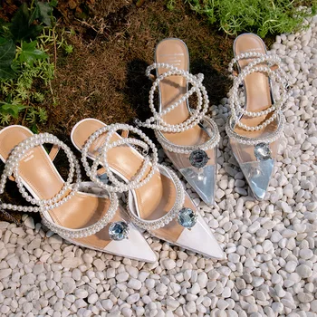 Pearl sandali ženske 2021 novo opozoril stiletto pregleden visoke pete z okrasnih ins pravljice slog