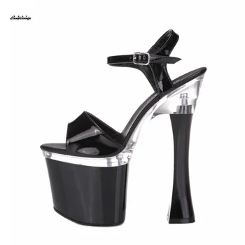 Plus:34-43 44 Poletni nočni klub sandali Mujer Plataforma seksi 19 cm ultra visoko Kvadratnih pete kristalno čevlji ženska Gleženj Trak črpalke