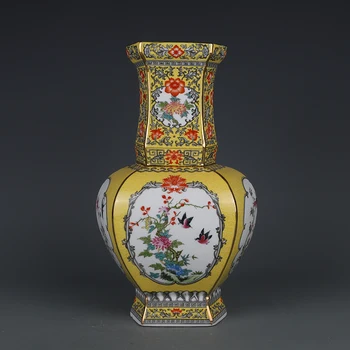 Qianlong Emajl Rumeni Cvet In Ptic Vzorec Kvadratnih Vasw Jingdezhen Starinsko Porcelana Opremljanje Doma Starin