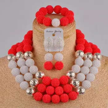 Roman rdeče in bele velike kroglice simulirani afriški biser nakit set