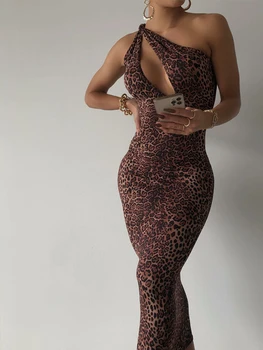 Shein Romwe Seksi Modnih Oblačil Za Ženske Leopard Natisniti Eno Ramo Izrezanka Suha Obleka Vestido Maxi Haljo Femme Frete Gratis