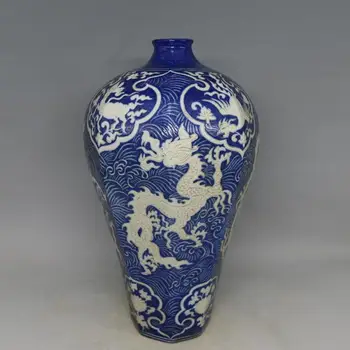 Starinsko YuanDynasty porcelanasta vaza,Modra vklesan zmaj steklenico,Ročno poslikano obrti,Dekoracijo,Zbirka&Okras,Brezplačna dostava