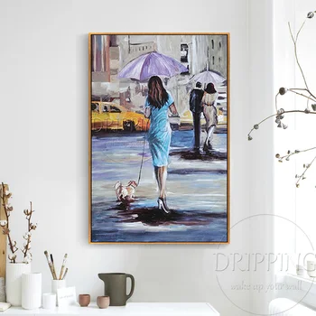 Umetnik Ročno poslikano Visoke Kakovosti Slog, Impresionizem Gospa s Psom Oljna slika na Platnu, Hoja na Ulici Oljno sliko