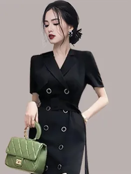 ZAWFL 2021 Novo Poletje Dvojno zapenjanje Koreja Obleka Ženske Elegantne Obleke Zarezo Vratu Ruffles Obleko Vestidos